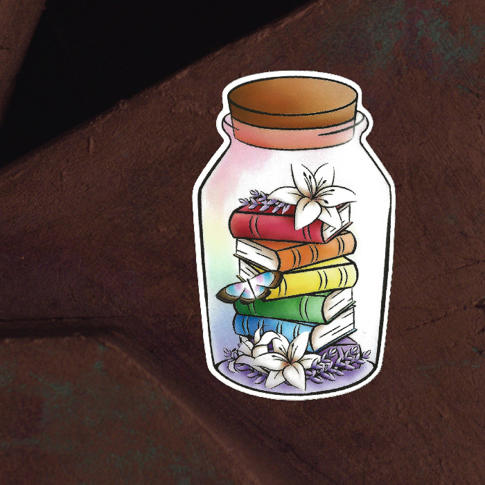 A sticker with a small bottle with books stacked inside. Books are LGBTQIA+ flag colors